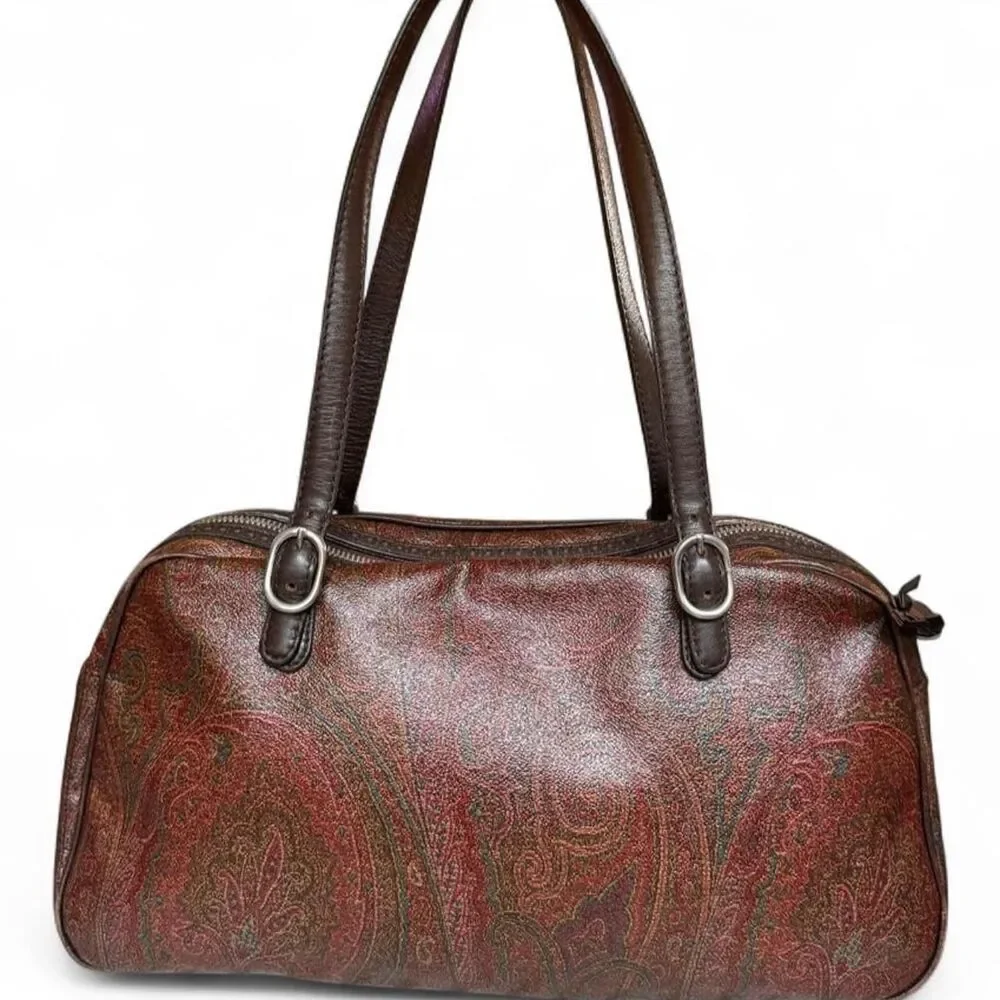 Vintage ETRO Milano Paisley Shoulder Bag Bowler Satchel Brown Leather Italy 13”